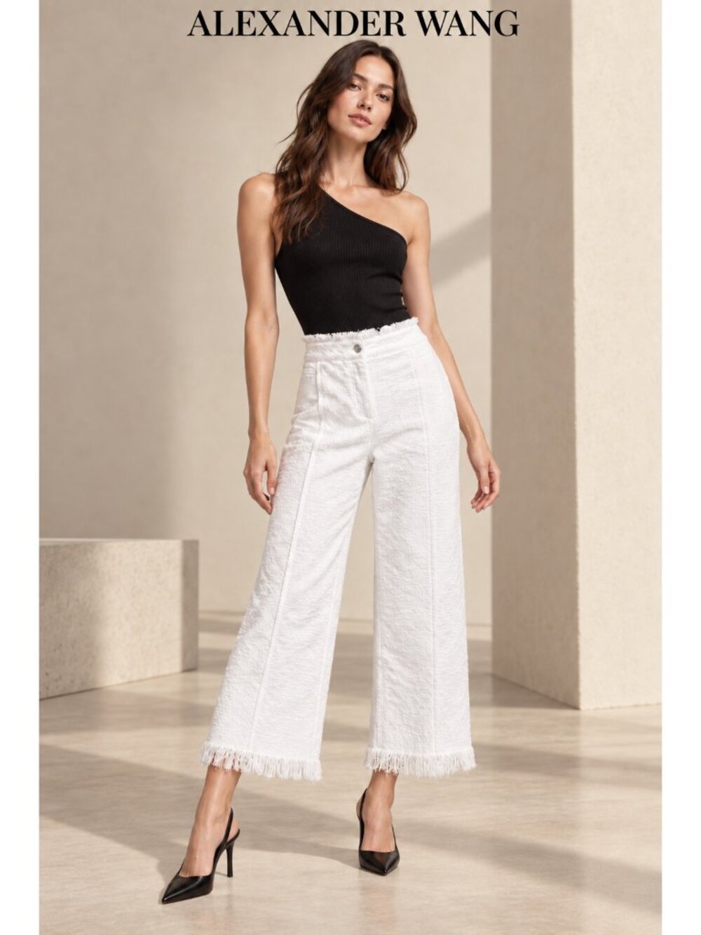 Alexander Wang White Cotton Wide Leg Raw Fringe Hem Pants Size 25